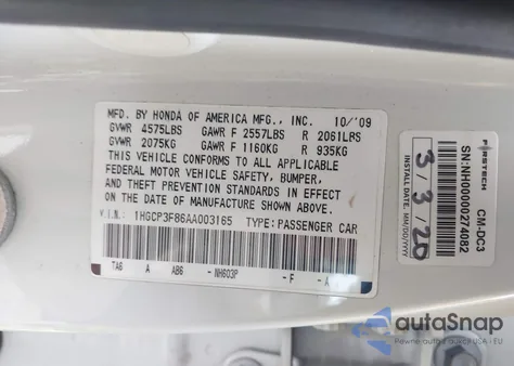 2010 Honda Accord 3.5 Ex-L z USA, uszkodzony, nr VIN 1HGCP3F86AA003165